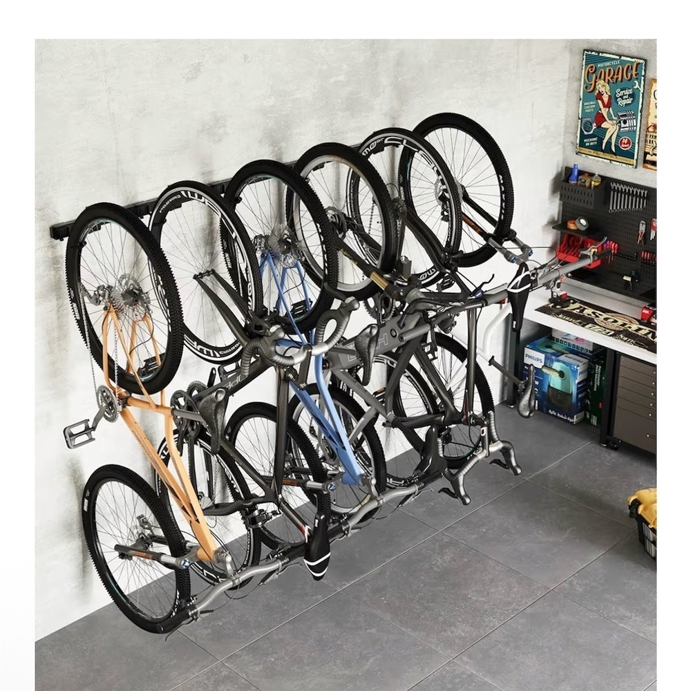 (+) People Wall Mounted Bike Storage Rack System Swivel Hooks Black Steel Rail